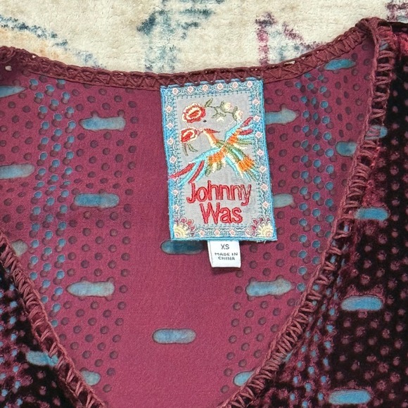 Johnny Was Velvet Burnout Tunic Top Boho Embroidered Bell Sleeve XS - Picture 2 of 7